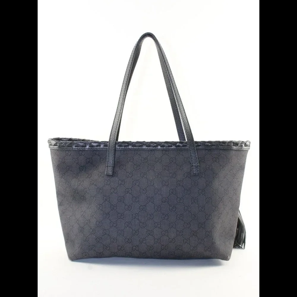 Gucci Black Monogram Denim Bamboo Fringe Tassel Tote 2GK1214K